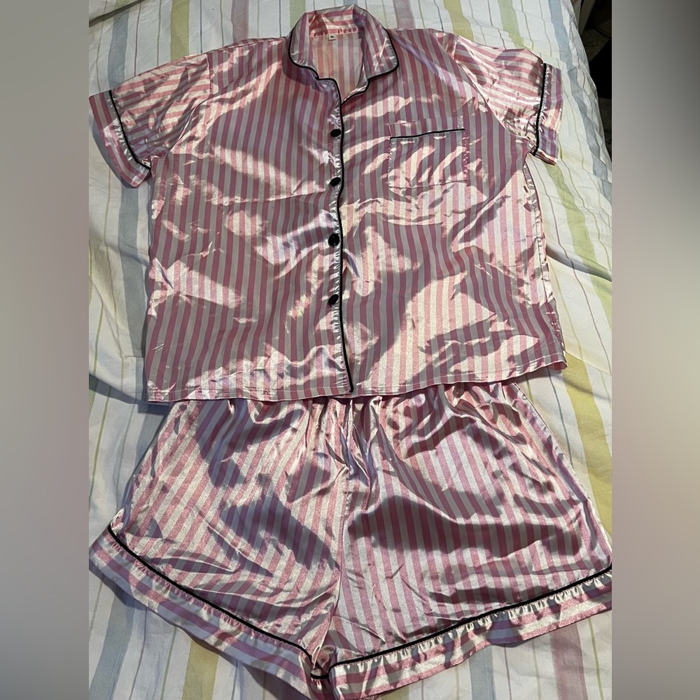 Women’s Pink Striped Satin Pajama Set with Contrast Piping